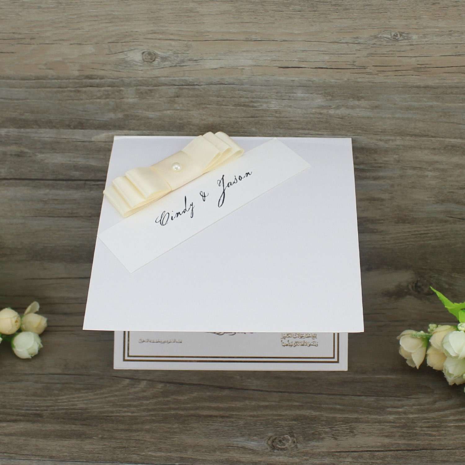 Square Foiling Invitation with Ribbon Bow Half Fold Wedding Card White Invitation Customized 